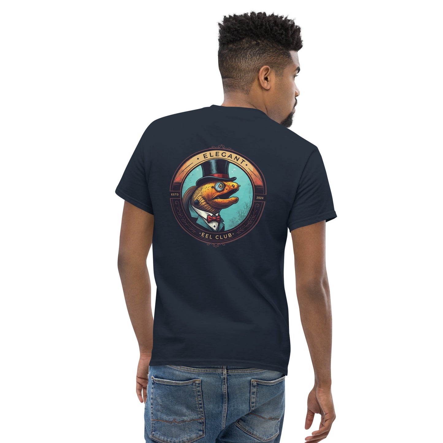 Navy colored shirt with a logo of a moray eel wearing a top hat and monocle written elegant eel club on the back