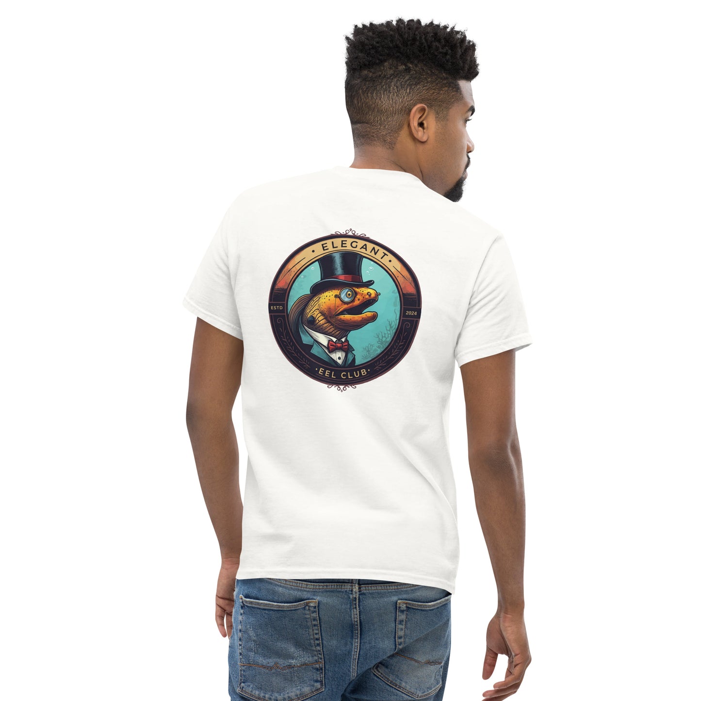 White shirt with a logo of a moray eel wearing a top hat and monocle written elegant eel club on the back