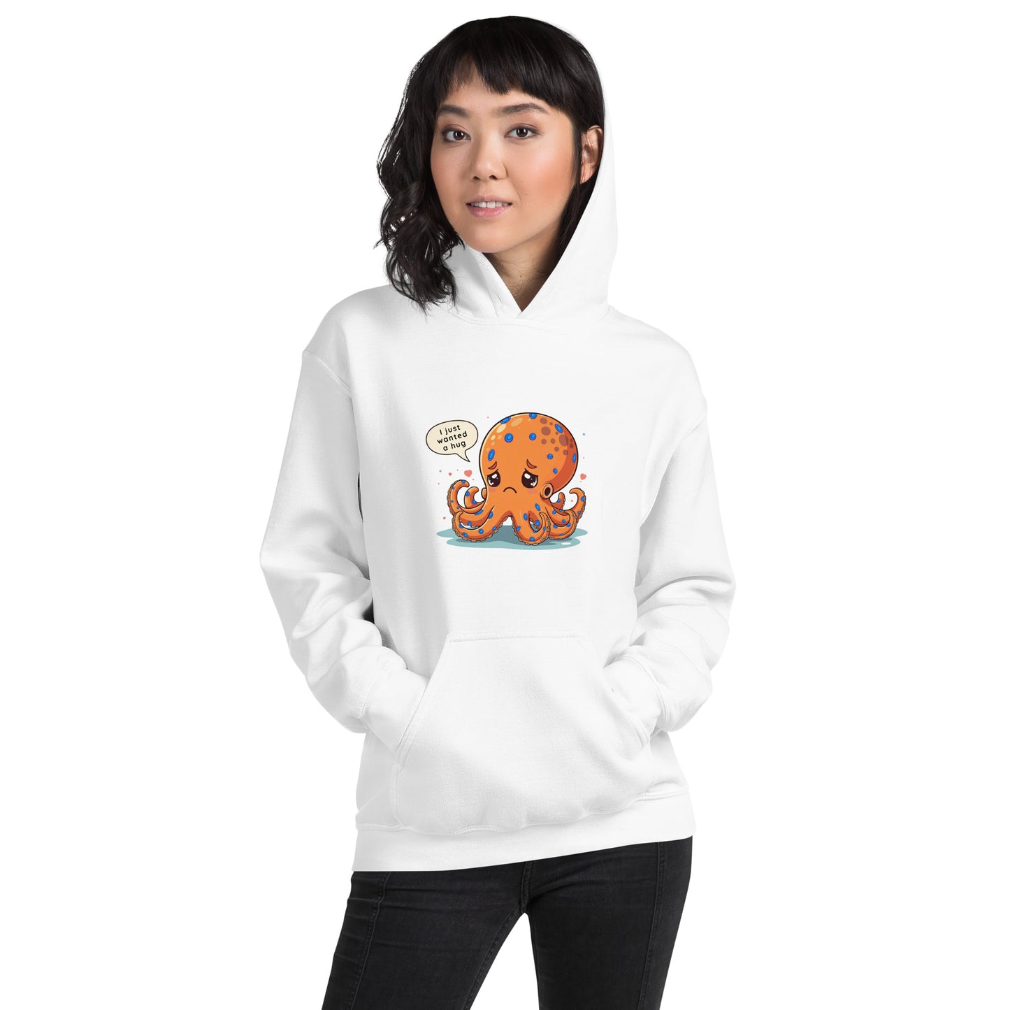 woman wearing a white hoodie with a blue ringed octopus design in the front