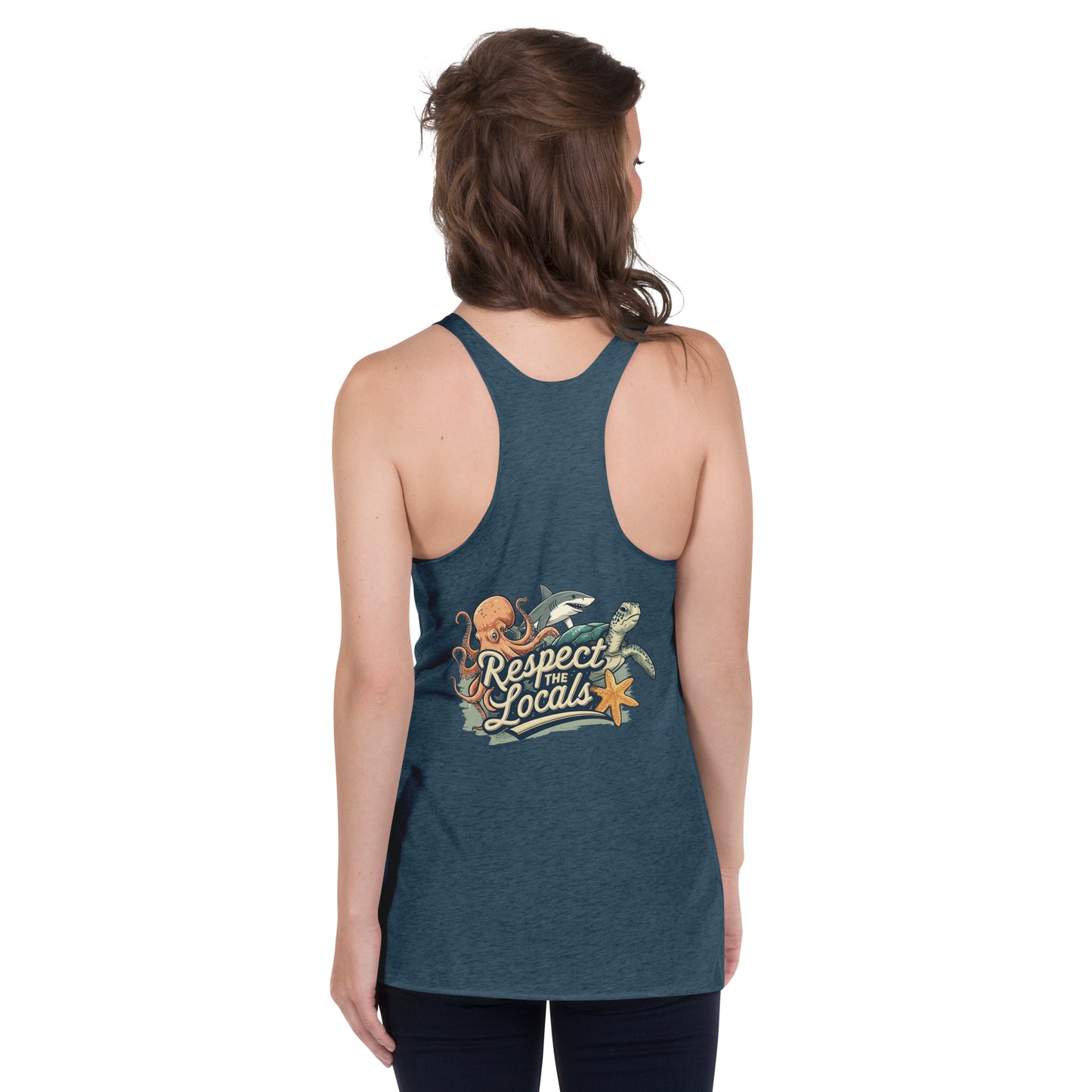 navy colored shirt with a logo written respect the locals underneath an octopus shark and turtle