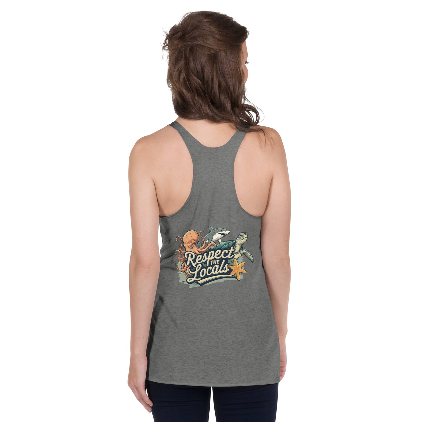 grey shirt with a logo written respect the locals underneath an octopus shark and turtle