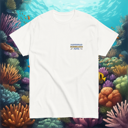 A white t shirt with a small logo written professional nudibranch finder front view