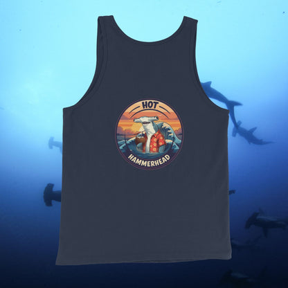 A navy tank top with a hammerhead shark design on the back written hot hammerhead