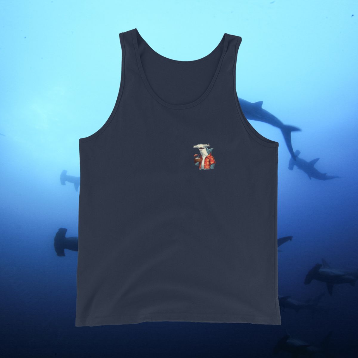 A navy colored tank top with a hammerhead shark design on the front