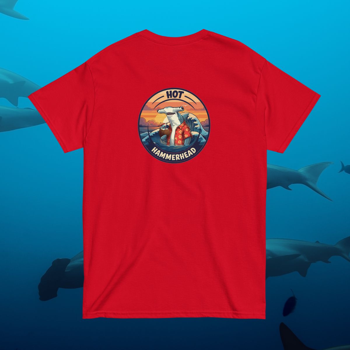  red shirt with a hammerhead shark design on the back written hot hammerhead