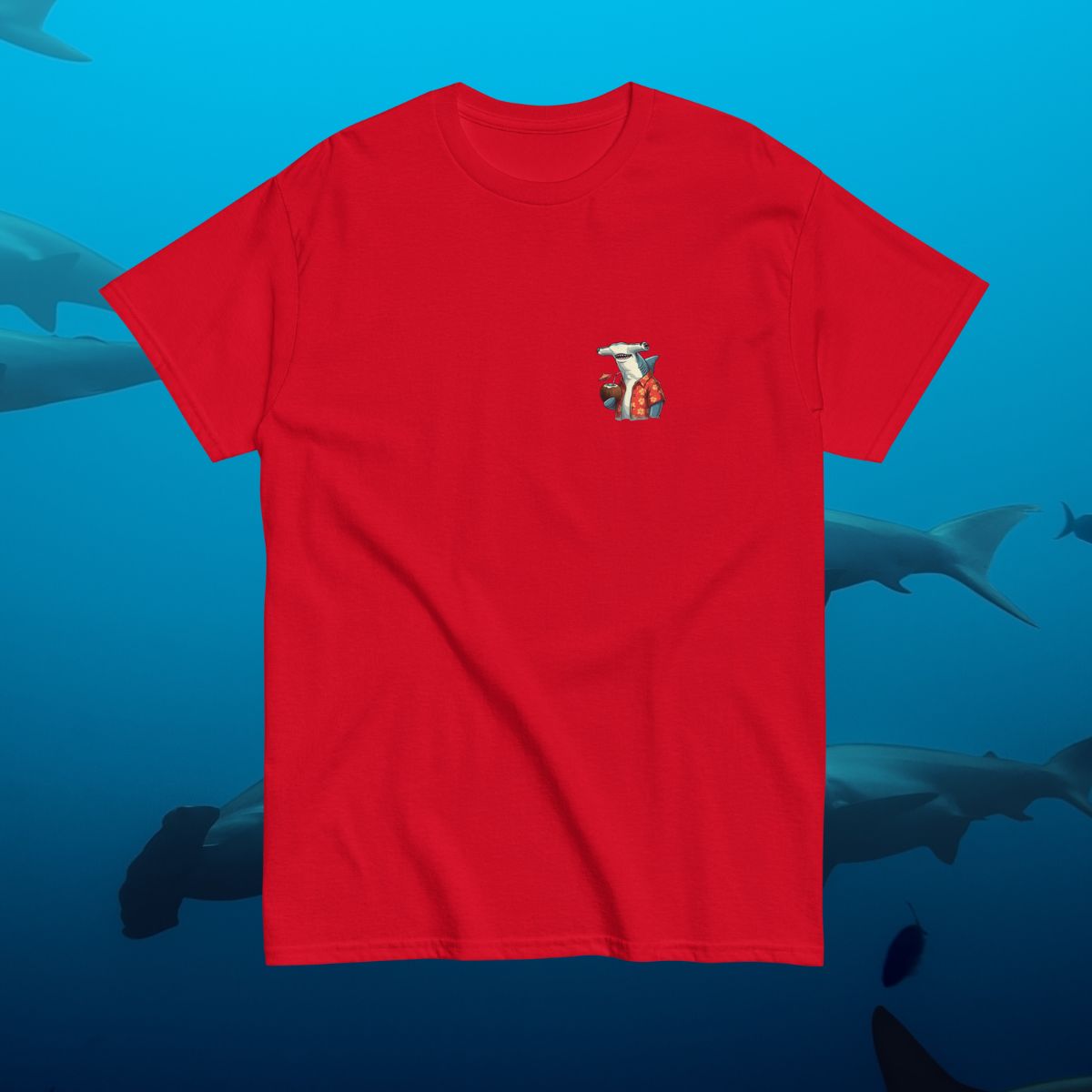  a red shirt with a hammerhead shark design on the front