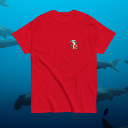  a red shirt with a hammerhead shark design on the front