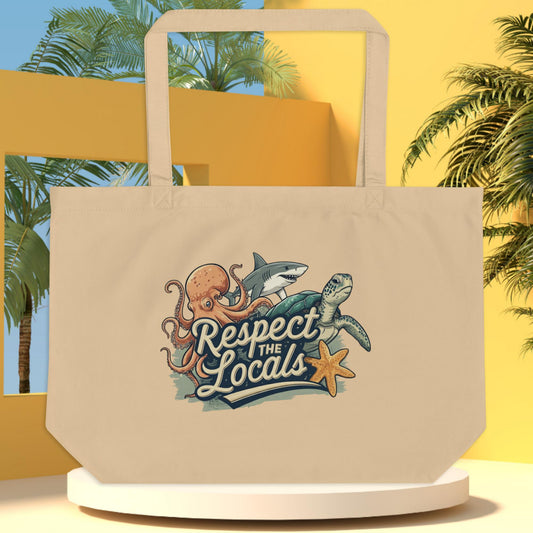 A large beige eco friendly tote bag with a logo written respect the locals with an octopus, shark and turtle