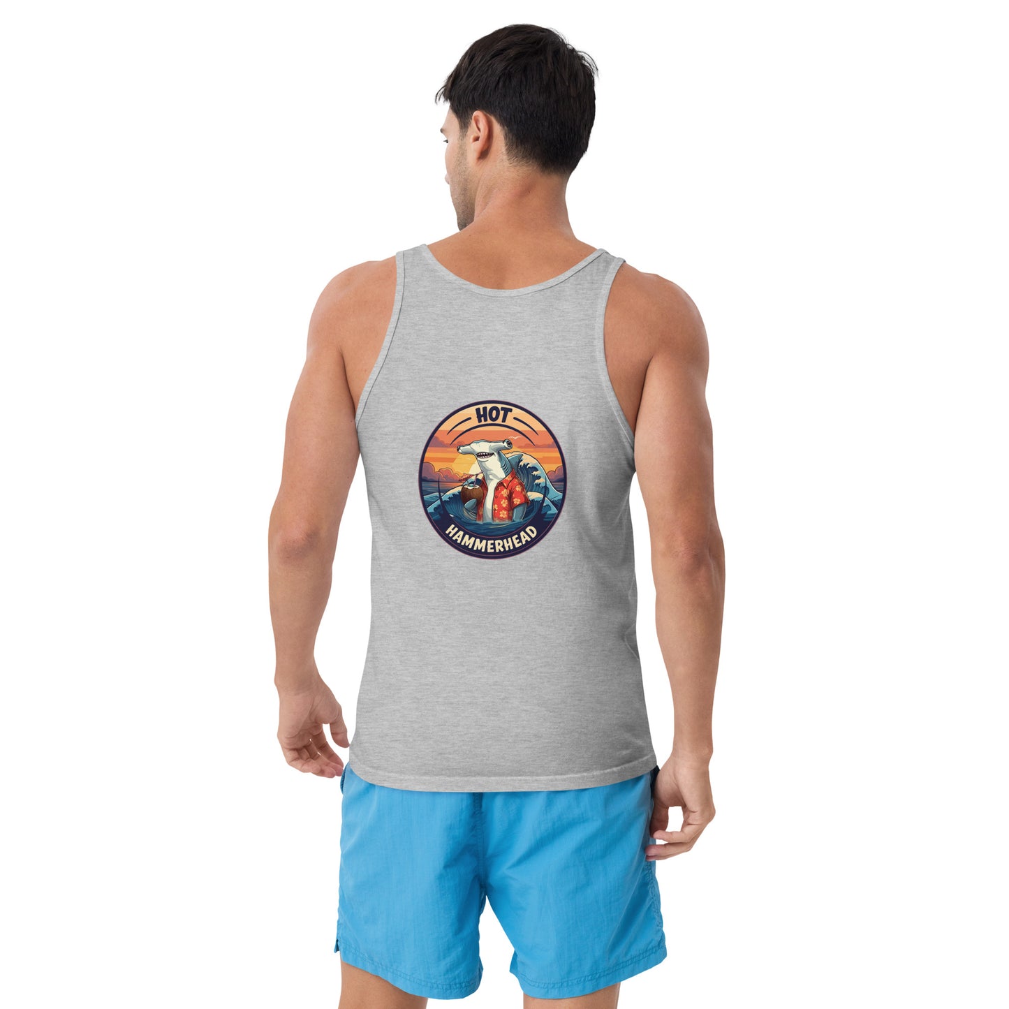 Man wearing a grey tank top with a hammerhead shark design on the back written hot hammerhead