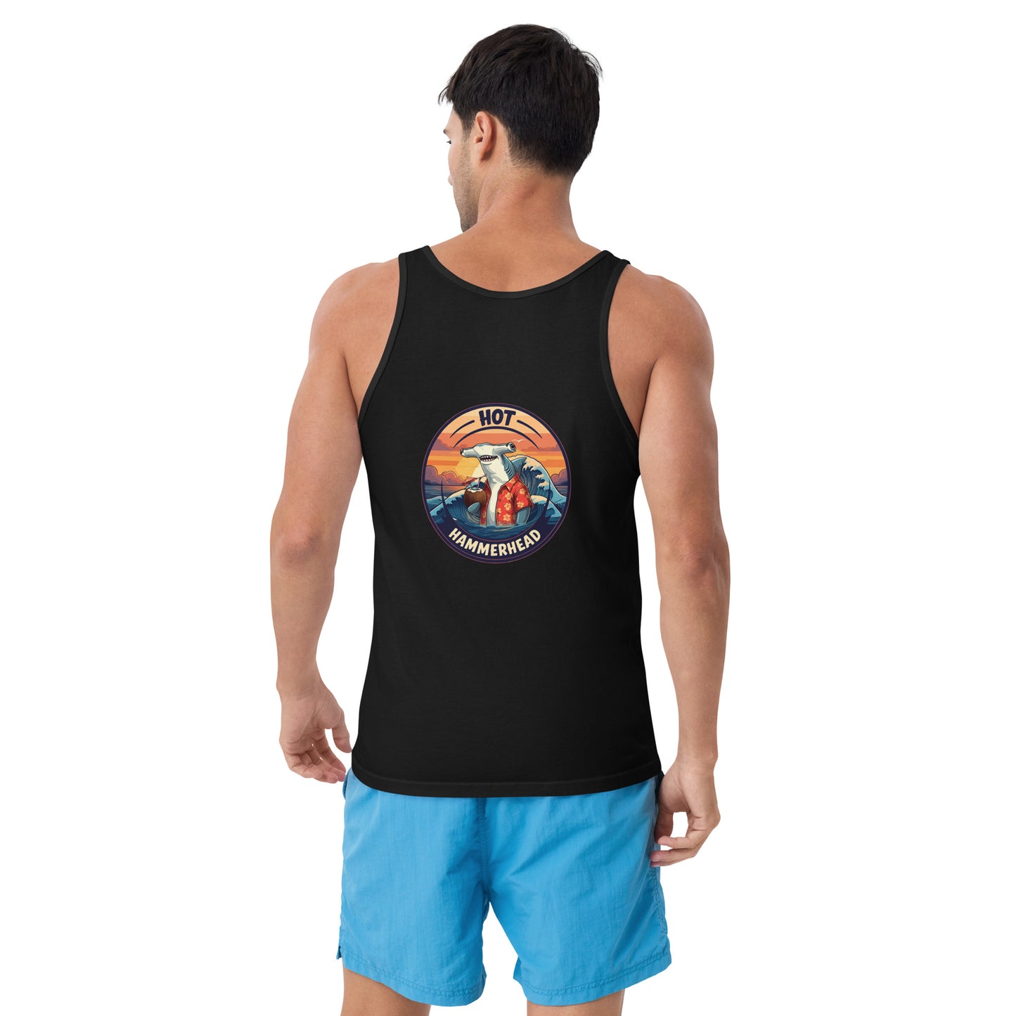 Man wearing a black tank top with a hammerhead shark design on the back written hot hammerhead