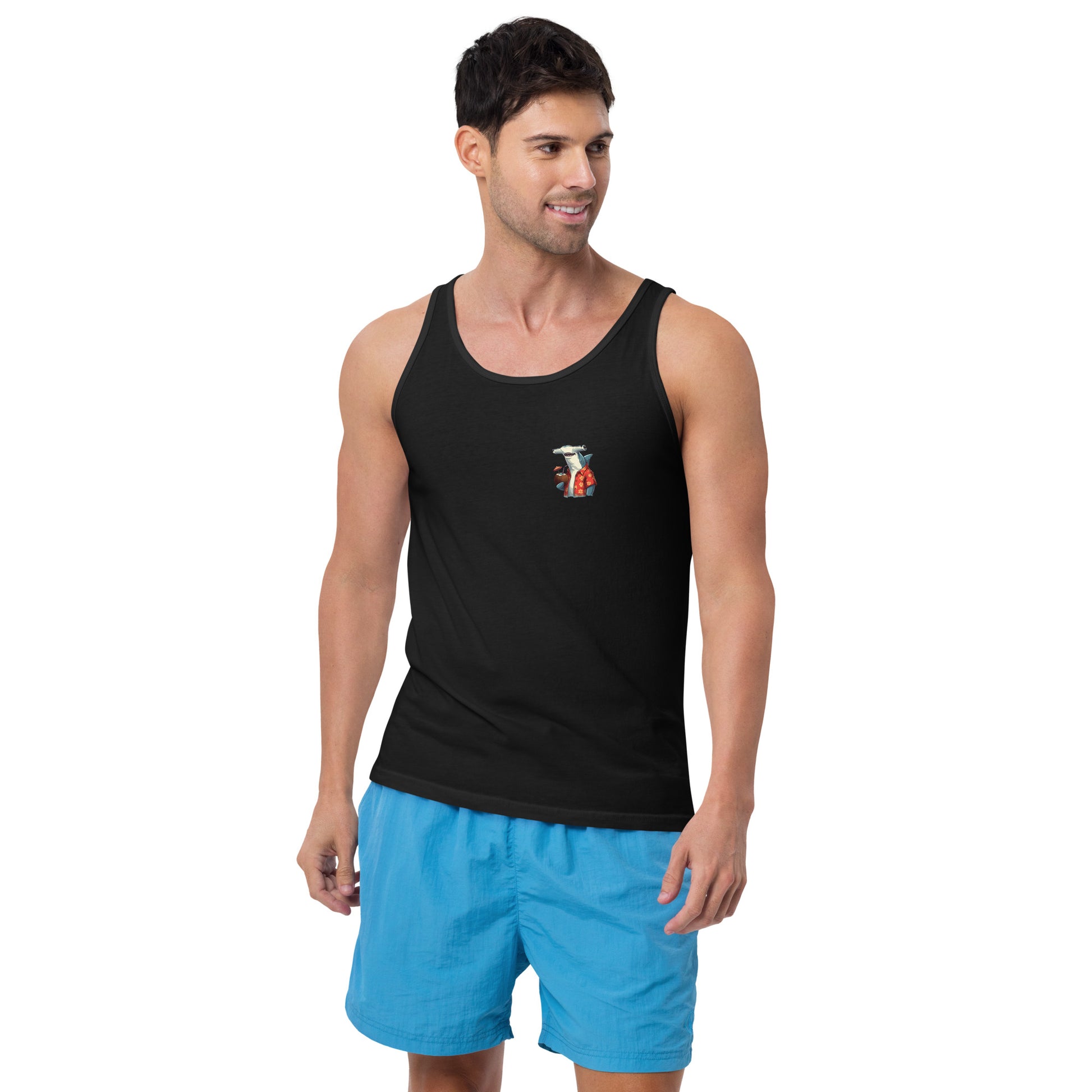 Man wearing a black tank top with a hammerhead shark design on the front