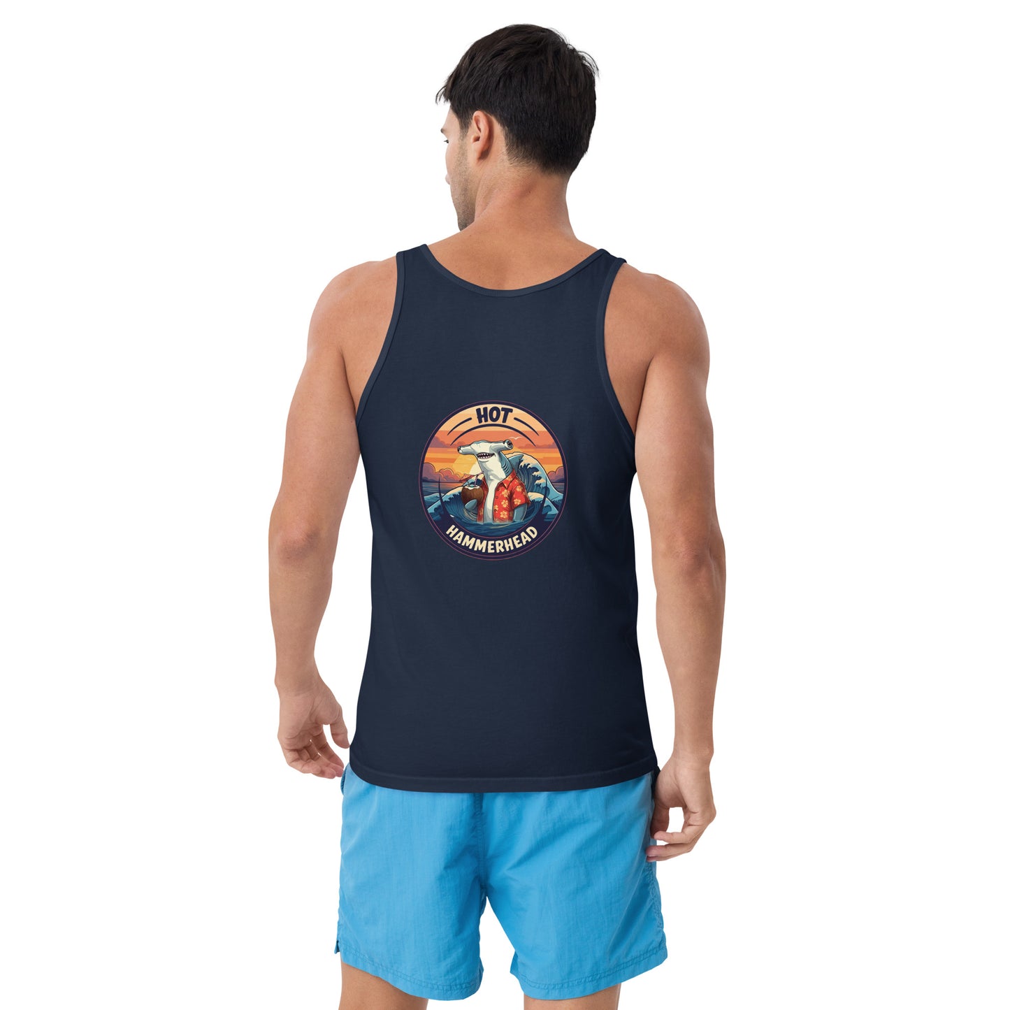 Man wearing a navy tank top with a hammerhead shark design on the back written hot hammerhead