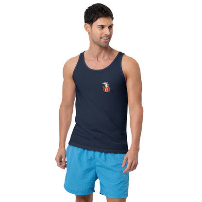 Man wearing a navy tank top with a hammerhead shark design on the front