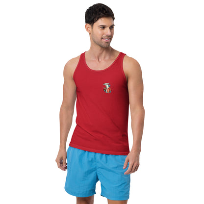 Man wearing a red tank top with a hammerhead shark design on the front