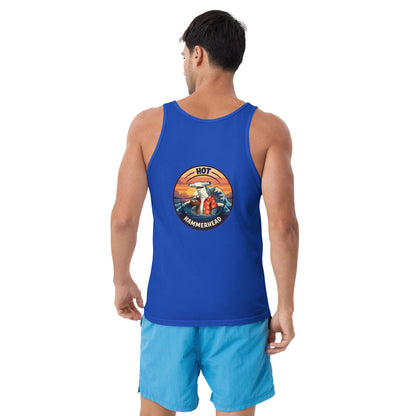 Man wearing a blue tank top with a hammerhead shark design on the back written hot hammerhead