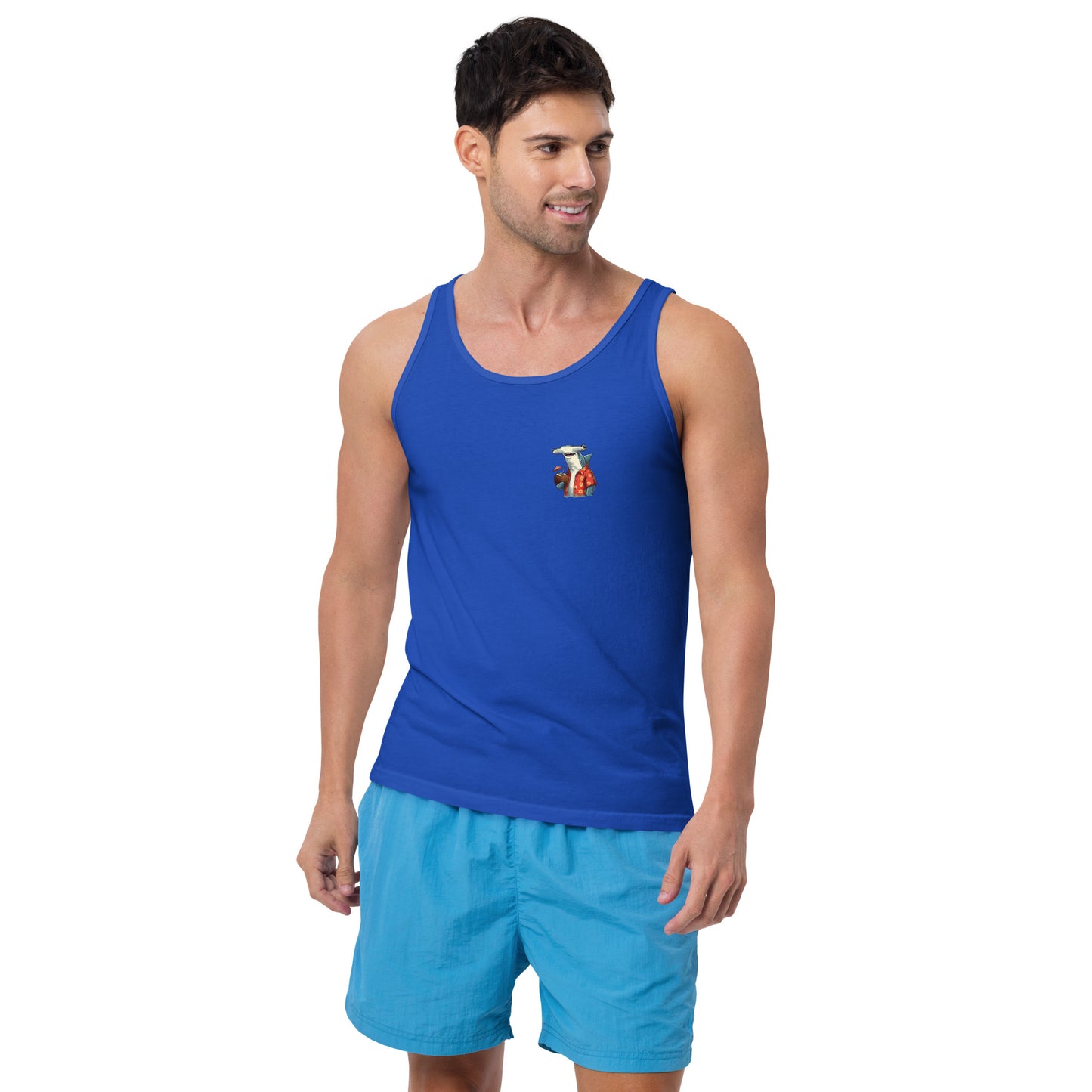 Man wearing a blue tank top with a hammerhead shark design on the front