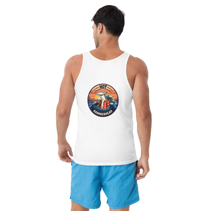 Man wearing a white tank top with a hammerhead shark design on the back written hot hammerhead