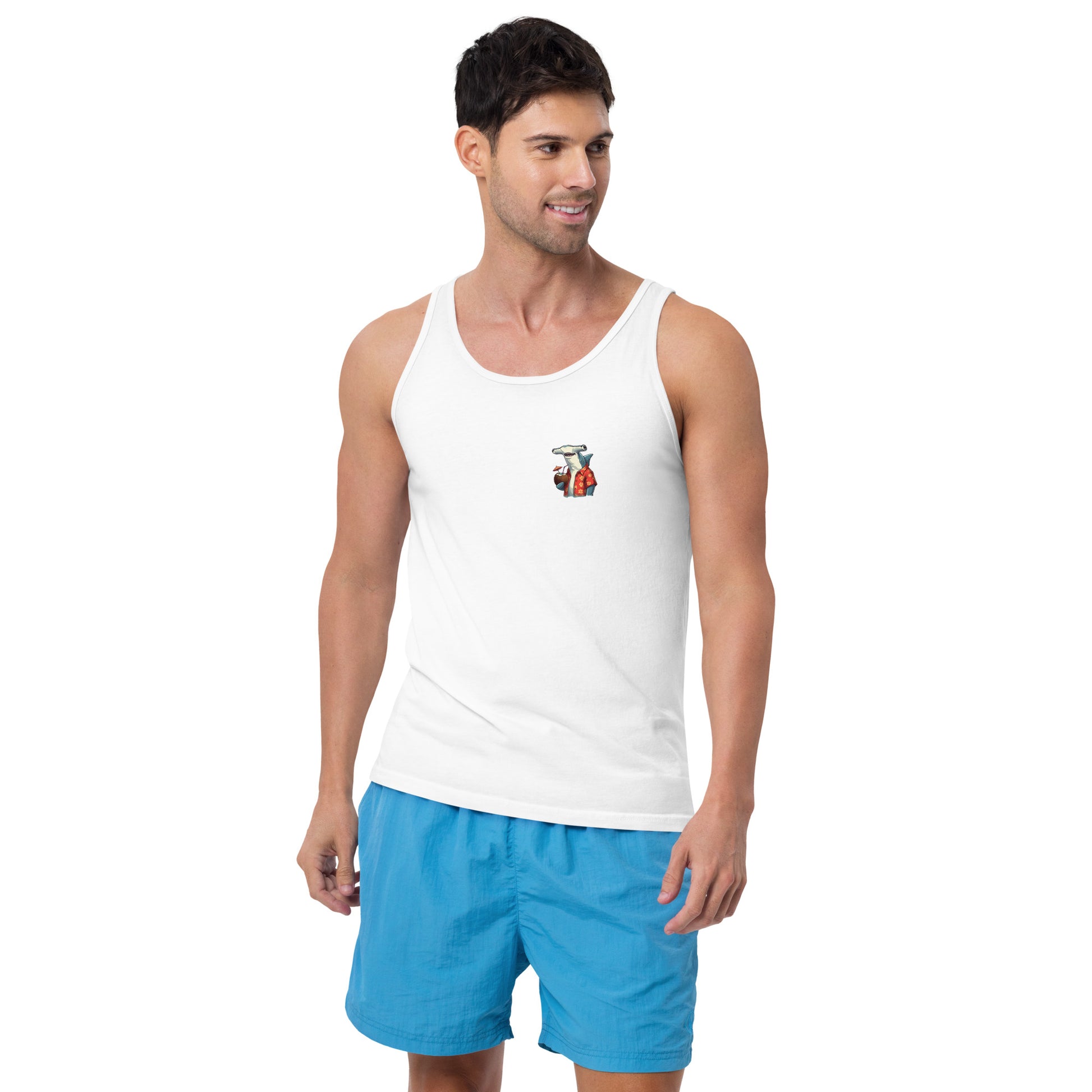 Man wearing a white tank top with a hammerhead shark design on the front