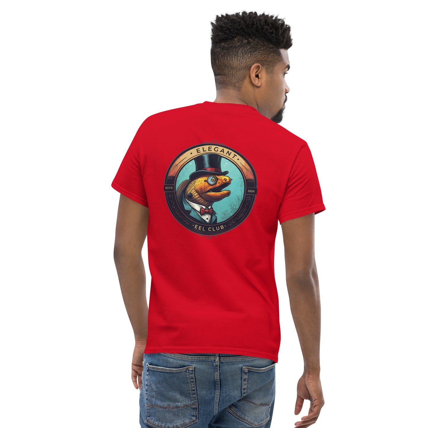 Red shirt with a logo of a moray eel wearing a top hat and monocle written elegant eel club on the back