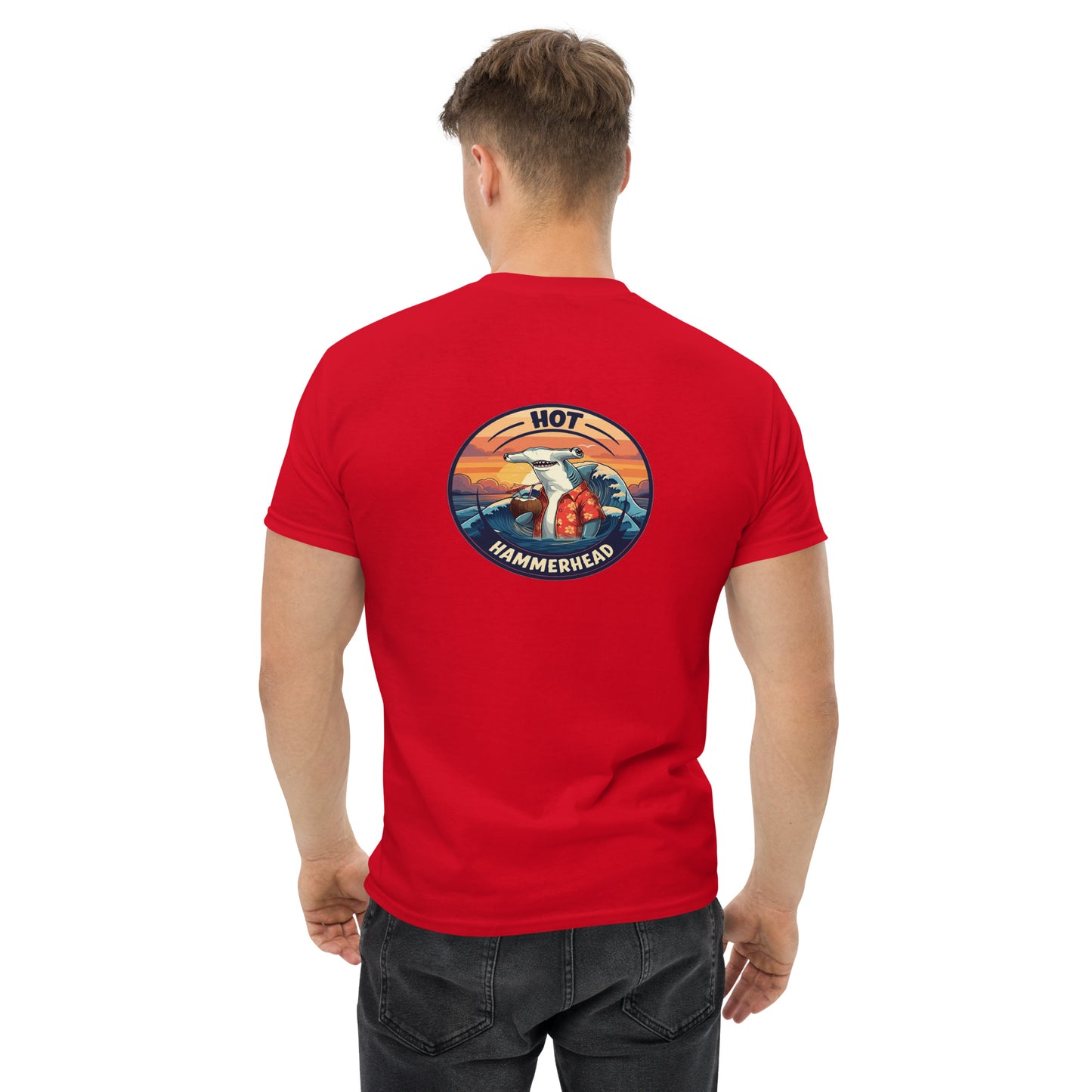 Man wearing a red shirt with a hammerhead shark design on the back written hot hammerhead