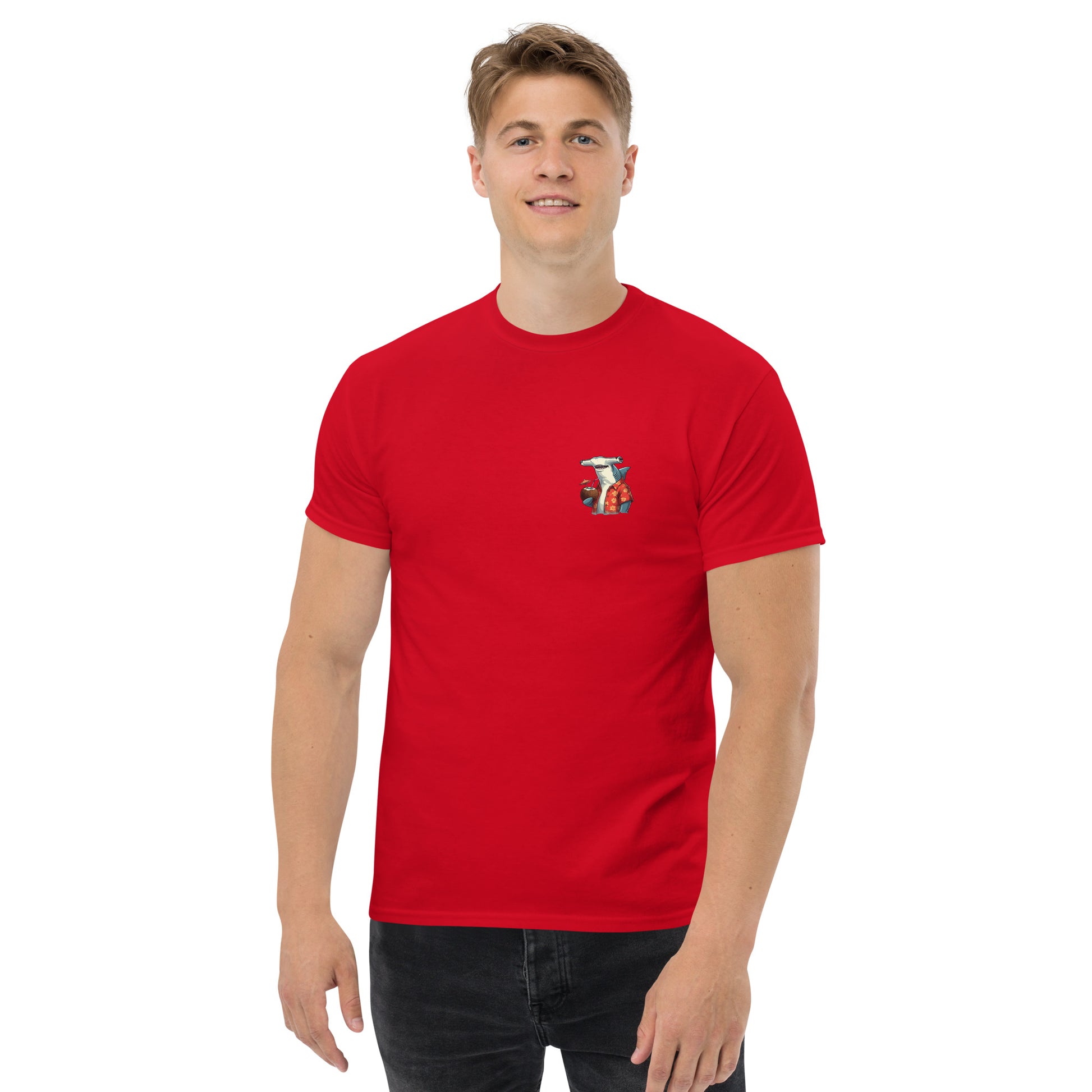 Man wearing a red shirt with a hammerhead shark design on the front