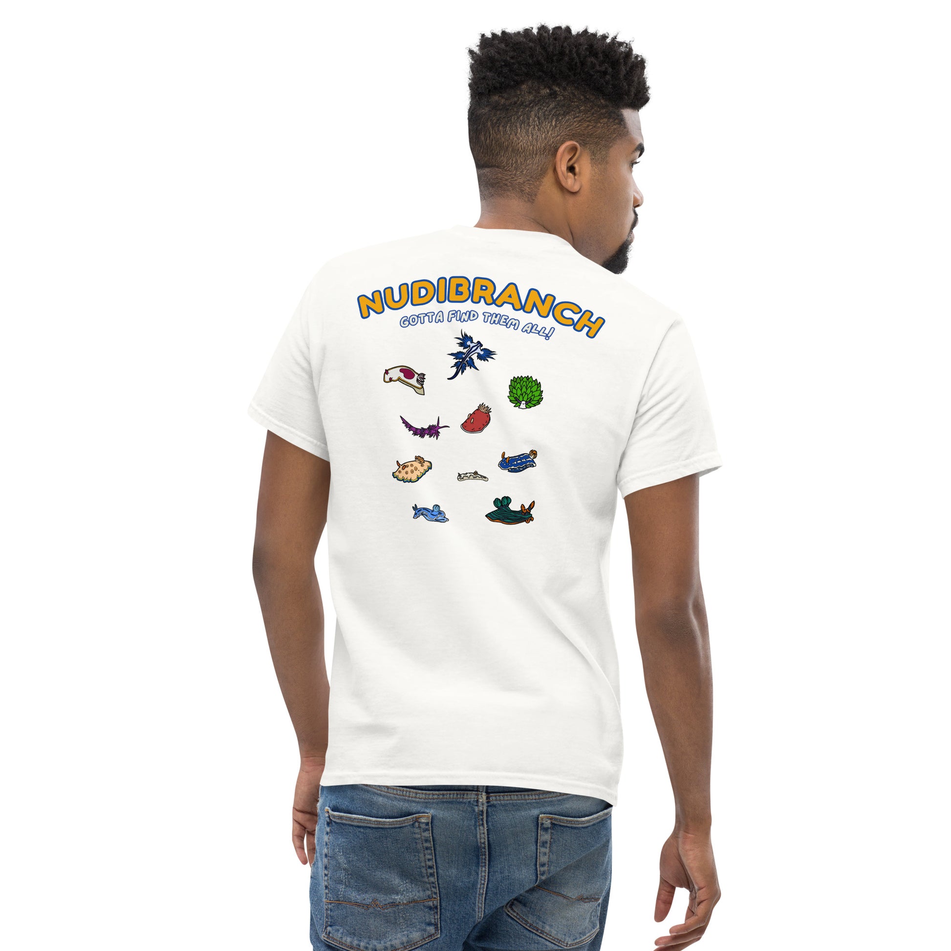 Man wearing a white t shirt with a logo of multiple colored nudibranch and written nudibranch in yellow and gotta find them all in white, back view