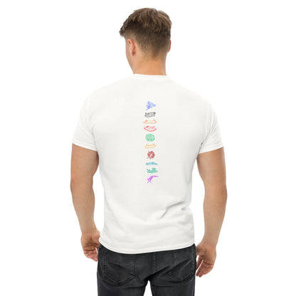 Man wearing a white t shirt with a logo of different colored nudibranch in a line on top of each other back view