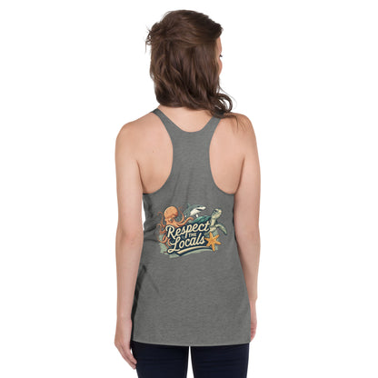 grey shirt with a logo written respect the locals underneath an octopus shark and turtle
