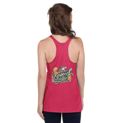 pink shirt with a logo written respect the locals underneath an octopus shark and turtle