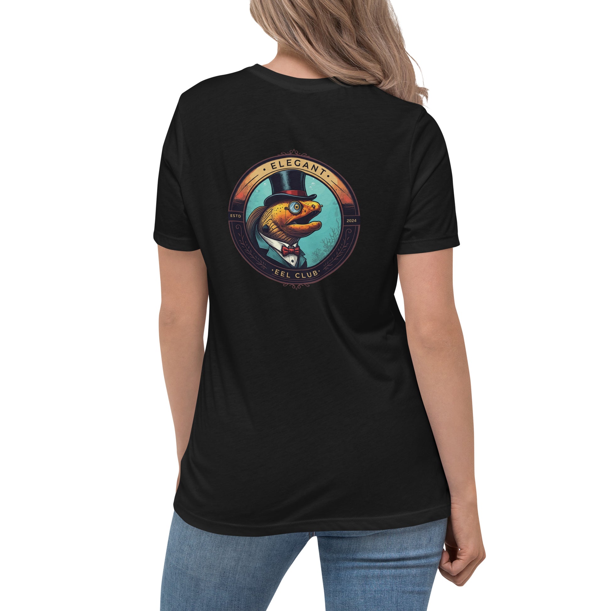 Black shirt with a logo of a moray eel wearing a top hat and monocle written elegant eel club on the back