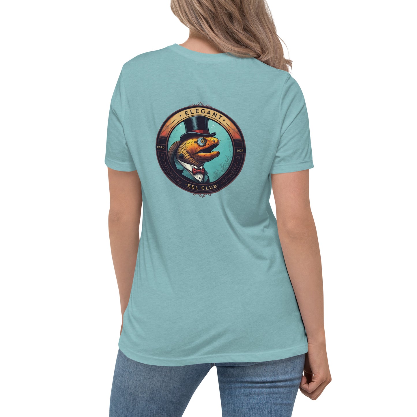 Sky blue shirt with a logo of a moray eel wearing a top hat and monocle written elegant eel club on the back