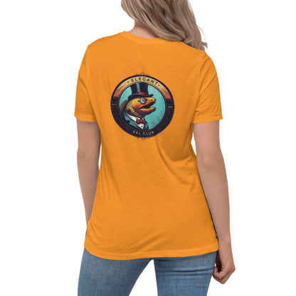 Yellow shirt with a logo of a moray eel wearing a top hat and monocle written elegant eel club on the back