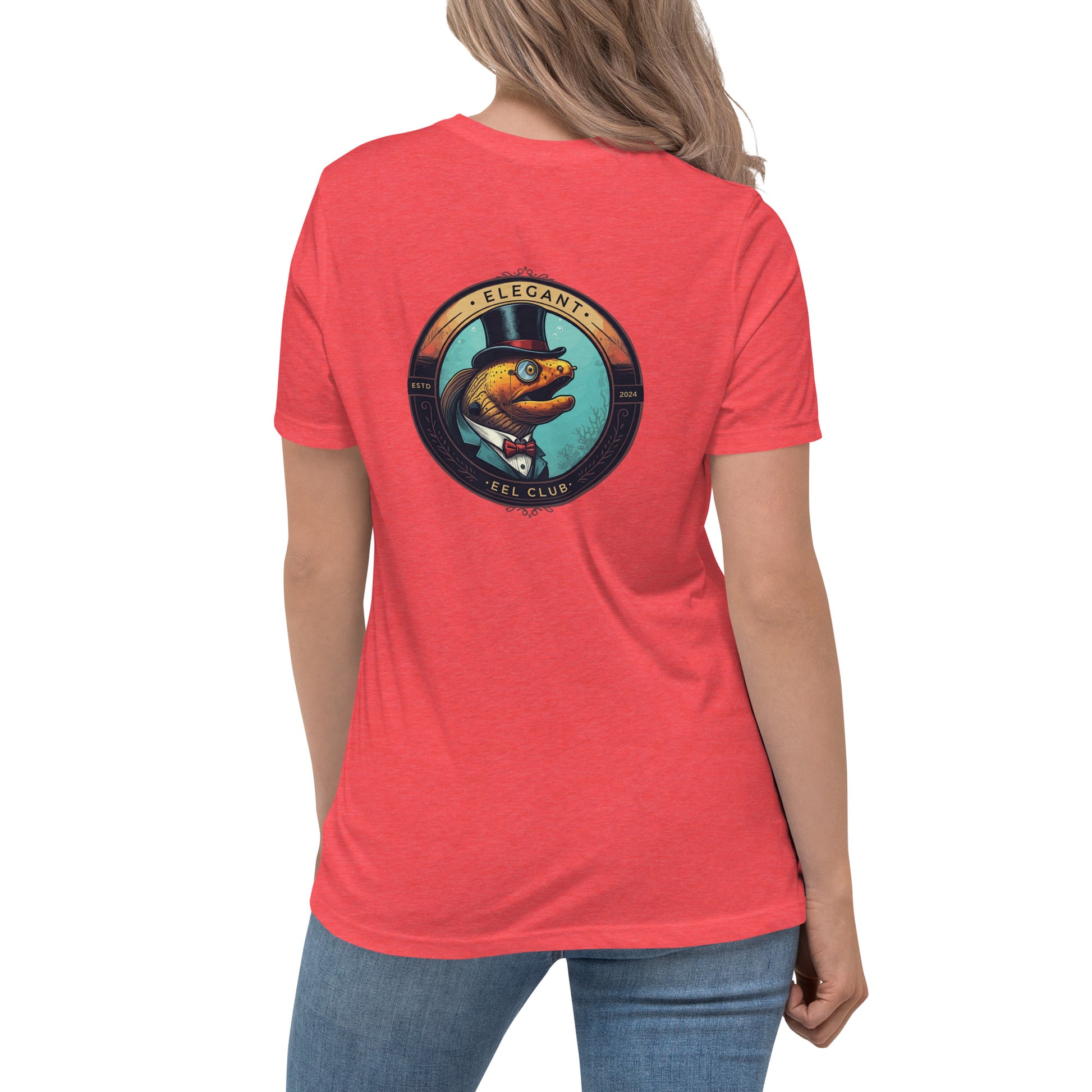 Red shirt with a logo of a moray eel wearing a top hat and monocle written elegant eel club on the back