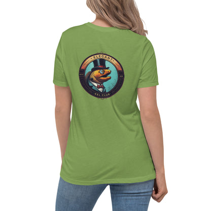 Green shirt with a logo of a moray eel wearing a top hat and monocle written elegant eel club on the back