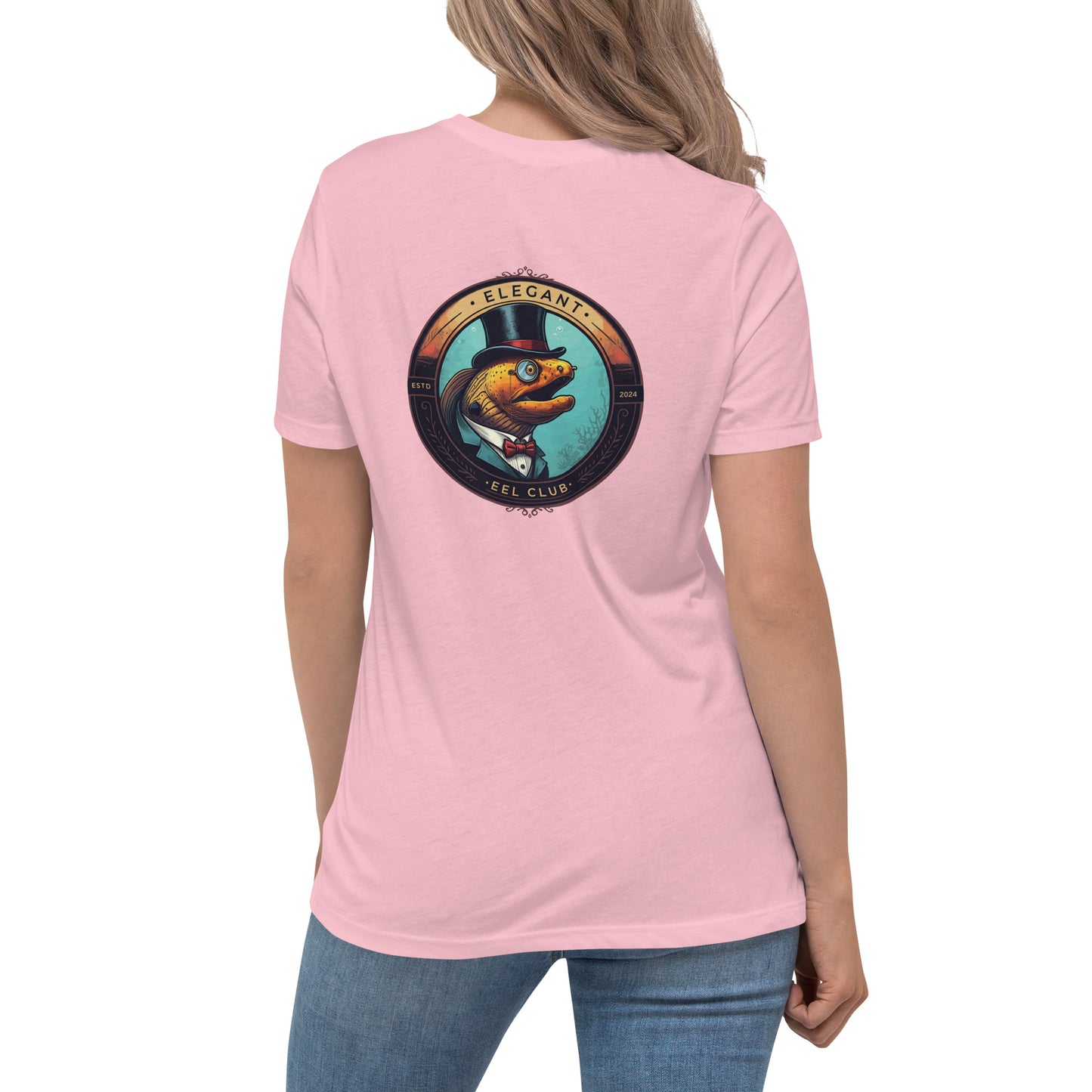 Pink shirt with a logo of a moray eel wearing a top hat and monocle written elegant eel club on the back