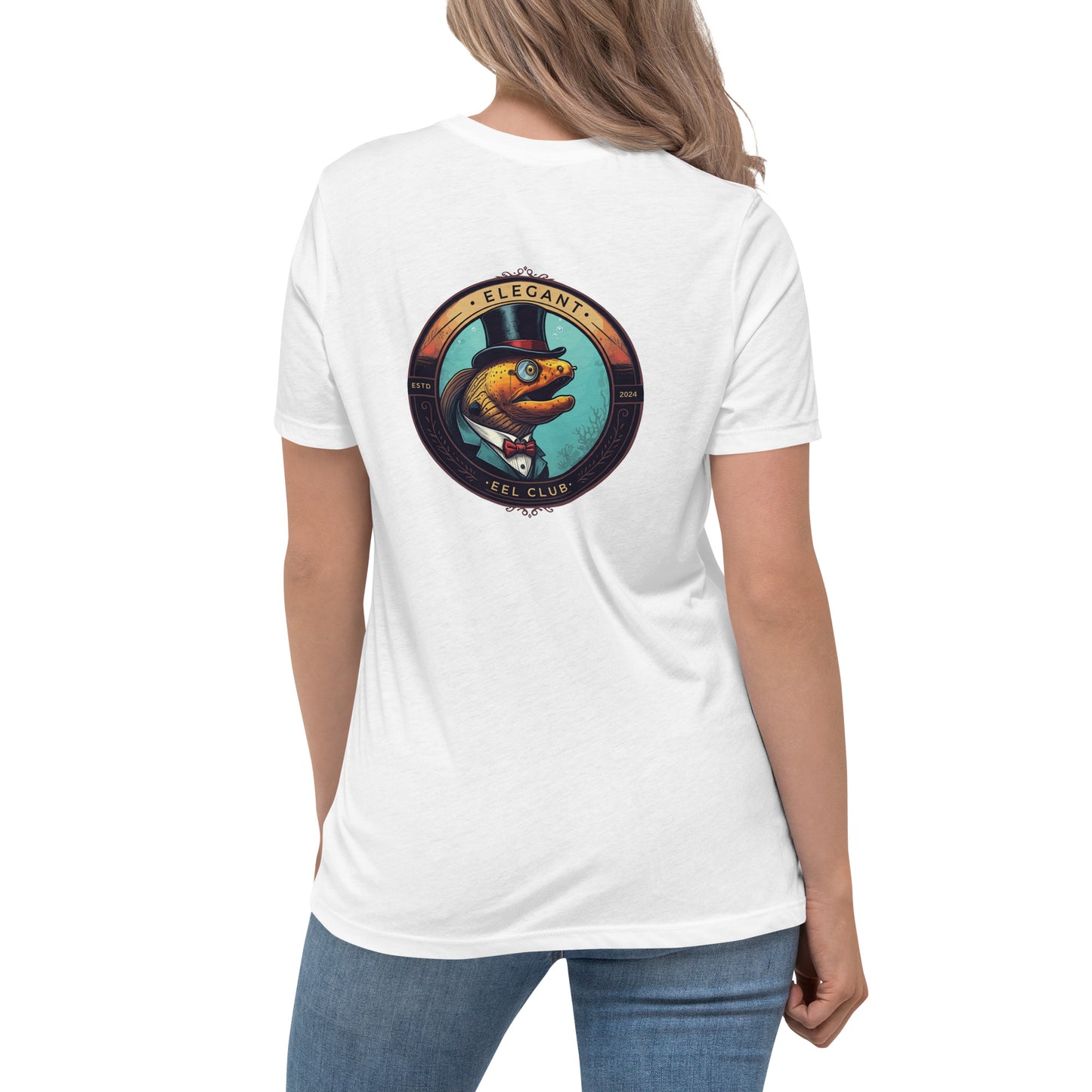 White shirt with a logo of a moray eel wearing a top hat and monocle written elegant eel club on the back